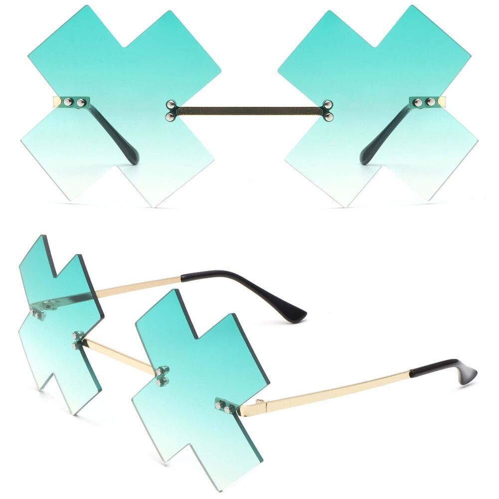 X Shaped Unique Funky Party Rave Festival Costume Green Lens Sunglasses